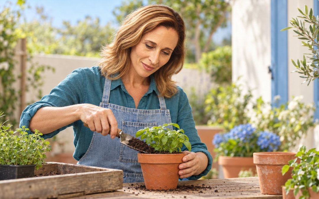 Woman in a teal shirt planting an herb at a wooden garden potting bench.